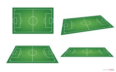 Beyazlara izole edilmiş futbol sahası ya da futbol sahası. Perspektif elementleri. Futbol maçı yaratmak için vektör yeşil saha. Vektör illüstrasyonu.