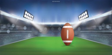 Amerikan futbol sahası arka planında futbol. Vektör illüstrasyonu.