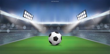 Futbol sahası arka planında yeşil çimlerde futbol topu. Vektör illüstrasyonu.