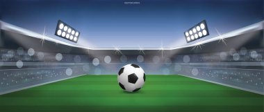 Futbol sahası arka planında yeşil çimlerde futbol topu. Vektör illüstrasyonu.