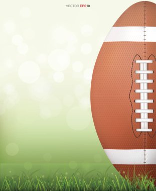 Amerikan futbol topu yeşil çimlerin üzerinde, arka planı bulanık. Vektör illüstrasyonu.