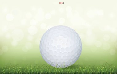 Yeşil çim tarlasında beyaz golf topu ve bulanık arka plan ışığı. Vektör illüstrasyonu.