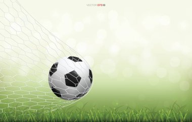 Yeşil çimenlikte futbol topu, arka planı bulanık. Vektör illüstrasyonu.