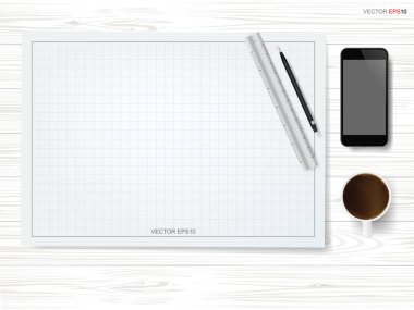 Beyaz ahşap üzerine kahve fincanı ve akıllı telefon çizimi. Vektör illüstrasyonu.