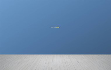 Boş ahşap oda arka planı. Ahşap zemin perspektifi ve mavi duvar arkaplanı var. Vektör illüstrasyonu.