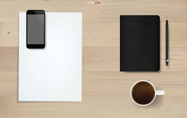 Ahşap üzerine ofis objesi. Çalışma alanı. Beyaz kağıt çarşaf, akıllı telefon, kahve fincanı, ahşap dokudaki defter ve kalemle ilgili iş geçmişi. Vektör illüstrasyonu.