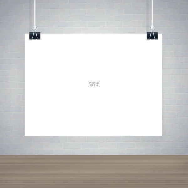 Cartel Papel Blanco Colgado Pared Ladrillo Blanco Espacio Madera Ilustración — Vector de stock