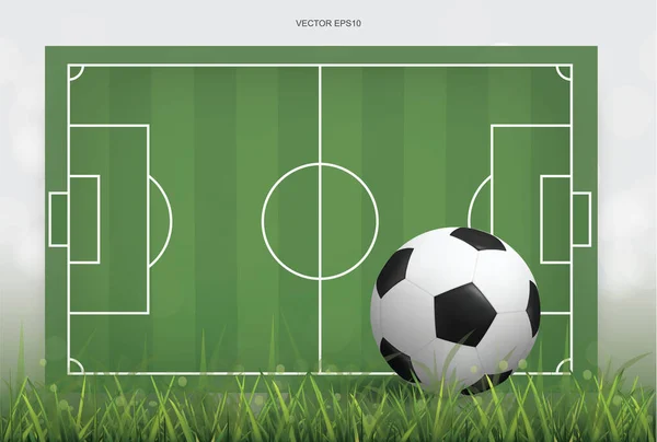 Football field or soccer field background with football ball. Green grass court for create soccer game. Vector illustration