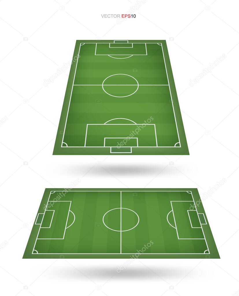 Soccer field or football field background isolated on white. Perspective elements. Vector green court for create soccer game. Vector illustration.