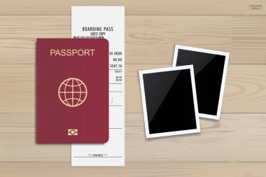Ahşap arka planda pasaport ve bilet. Vektör illüstrasyonu.