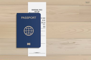 Ahşap arka planda pasaport ve bilet. Vektör illüstrasyonu.