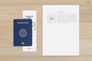 Ahşap arka planda pasaport ve bilet. Vektör illüstrasyonu.