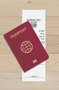 Ahşap arka planda pasaport ve bilet. Vektör illüstrasyonu.