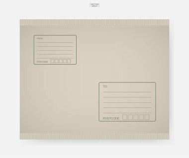 Kahverengi kağıt zarf. Adres yazmak için bir kargo paketi. İnternetten alışveriş için nesne teslimatı. Vektör illüstrasyonu.