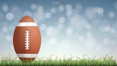 Amerikan futbol topu ya da yeşil çimen kortunda ragbi topunun arka planı bulanık. Vektör illüstrasyonu.