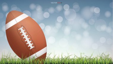 Amerikan futbol topu ya da yeşil çimen kortunda ragbi topunun arka planı bulanık. Vektör illüstrasyonu.