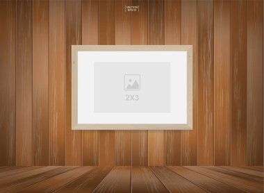 Ahşap oda arkaplanındaki boş fotoğraf çerçevesi veya çerçeve arkaplanı. Oda tasarımı ve iç dekorasyon için. Vektör illüstrasyonu.