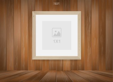 Ahşap oda arkaplanındaki boş fotoğraf çerçevesi veya çerçeve arkaplanı. Oda tasarımı ve iç dekorasyon için. Vektör illüstrasyonu.
