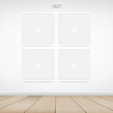 Ahşap oda arkaplanındaki boş fotoğraf çerçevesi veya çerçeve arkaplanı. Oda tasarımı ve iç dekorasyon için. Vektör illüstrasyonu.