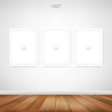 Ahşap oda arkaplanındaki boş fotoğraf çerçevesi veya çerçeve arkaplanı. Oda tasarımı ve iç dekorasyon için. Vektör illüstrasyonu.