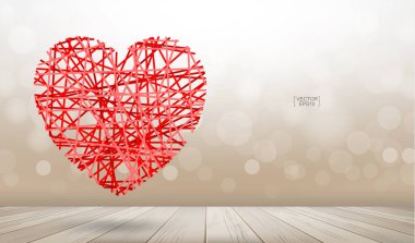 Soyut kırmızı kalp ahşap dokular üzerinde süzülüyor ışık bulanık bokeh. Vektör illüstrasyonu.