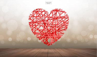 Soyut kırmızı kalp ahşap dokular üzerinde süzülüyor ışık bulanık bokeh. Vektör illüstrasyonu.