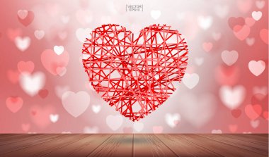 Soyut kırmızı kalp ahşap dokular üzerinde süzülüyor ışık bulanık bokeh. Vektör illüstrasyonu.