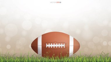 Amerikan futbol topu ya da yeşil çimen kortunda ragbi topunun arka planı bulanık. Vektör illüstrasyonu.