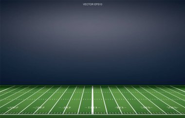 Amerikan futbol stadyumunun arka planında çim tarlasının perspektif çizgisi var. Vektör illüstrasyonu.