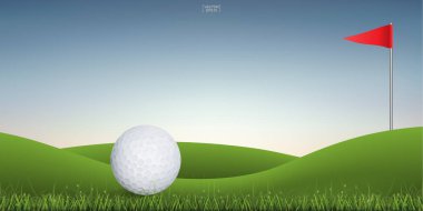 Golf topu golf sahasının yeşil tepesinde, günbatımı arka planında. Vektör illüstrasyonu.