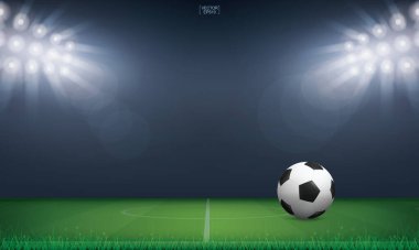 Futbol topu ve futbol sahasının arka planında yeşil çimenler. Vektör illüstrasyonu.