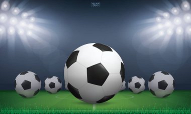 Futbol topu ve futbol sahasının arka planında yeşil çimenler. Vektör illüstrasyonu.