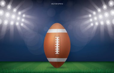 Futbol sahası arka planında futbol topu. Amerikan futbol sahasının perspektif çizgisi desenli. Vektör illüstrasyonu.