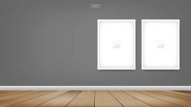 Ahşap oda arkaplanındaki boş fotoğraf çerçevesi veya çerçeve arkaplanı. Oda tasarımı ve iç dekorasyon için. Vektör illüstrasyonu.