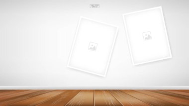Beyaz beton arka plan ve ahşap zemin ile oda alanı alanında boş fotoğraf çerçevesi veya çerçeve arka planı. Vektör illüstrasyonu.