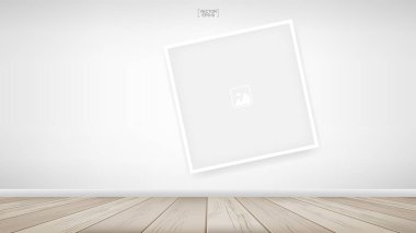 Beyaz beton arka plan ve ahşap zemin ile oda alanı alanında boş fotoğraf çerçevesi veya çerçeve arka planı. Vektör illüstrasyonu.