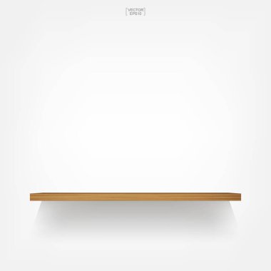 Beyaz arka planda, yumuşak gölgeli boş ahşap bir raf. Vektör illüstrasyonu.