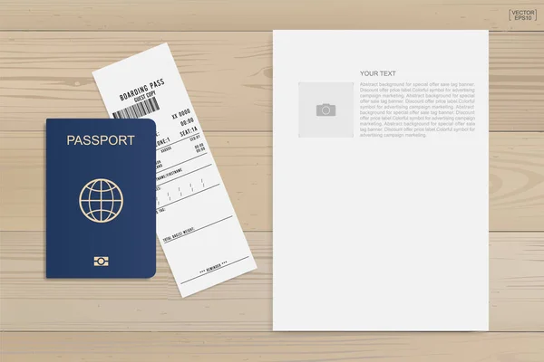 Pasaporte Billete Embarque Sobre Fondo Madera Ilustración Vectorial — Vector de stock