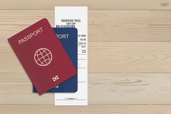 Pass Och Boardingkort Biljett Trä Bakgrund Vektorillustration — Stock vektor