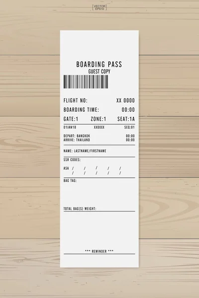Bordkarte Der Fluggesellschaft Weißes Bordkartenpapier Auf Holz Vektorillustration — Stockvektor