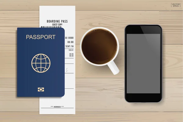 Billete Pasaporte Tarjeta Embarque Con Taza Café Smartphone Sobre Fondo — Vector de stock