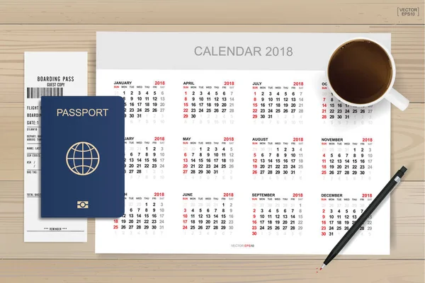 Streszczenie Tła Kalendarza Paszportem Filiżanką Kawy Drewnie Kontekst Turystyki Pomysł — Wektor stockowy
