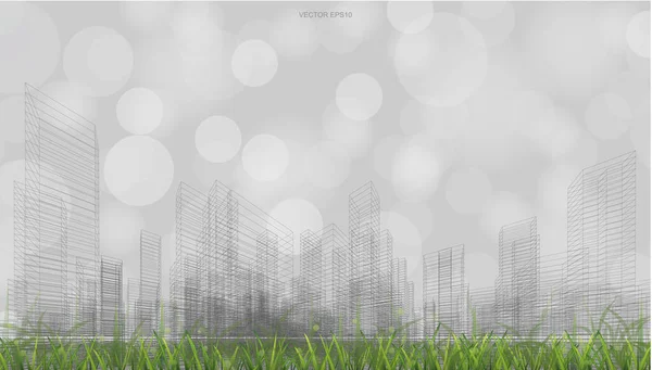 芝のフィールドと光のぼやけたボケを背景にしたワイヤーフレームの遠近法の屋外抽象的背景 ベクターイラスト — ストックベクタ
