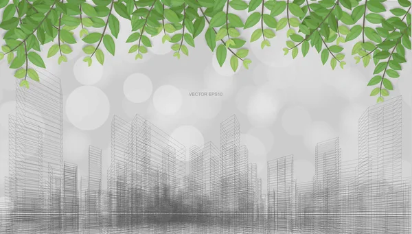 Abstrakter Hintergrund Aus Drahtgitterperspektive Mit Grünen Blättern Und Leicht Verschwommenem — Stockvektor