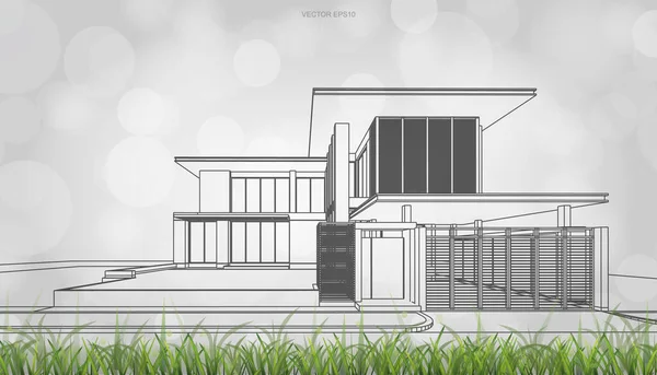 房屋视角的概念形象呈现 3D线框渲染与光模糊Bokeh背景 矢量说明 — 图库矢量图片