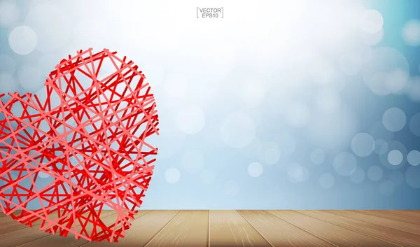 Corazón Rojo Abstracto Flotando Sobre Fondo Textura Madera Con Bokeh — Vector de stock