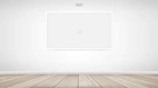 白いコンクリート壁の背景と木製の床と部屋のスペースエリアで空の写真フレームや画像フレームの背景 ベクターイラスト — ストックベクタ