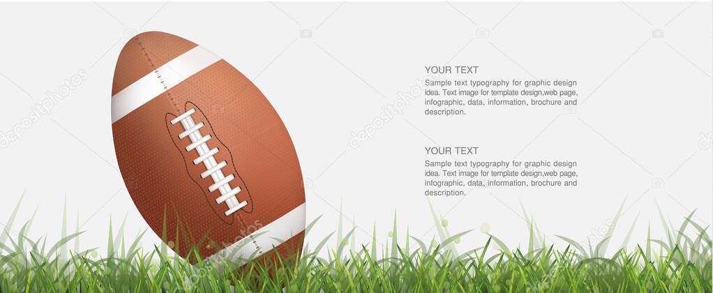 American football ball or rugby football ball on green grass court. Isolated on white background. Vector illustration.
