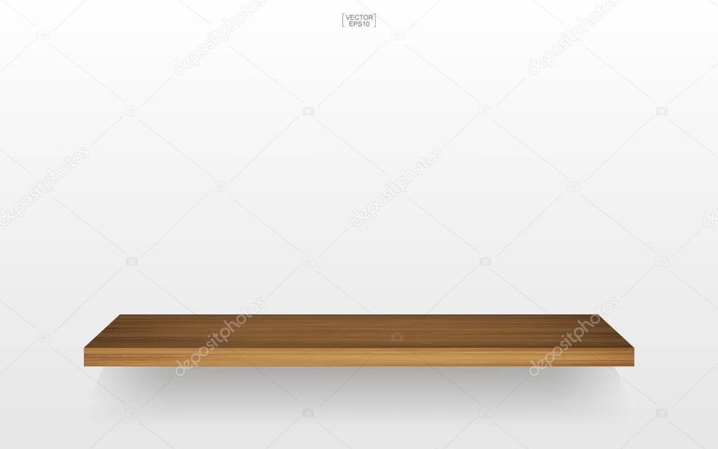 Empty wooden shelf on white background with soft shadow. Vector illustration.