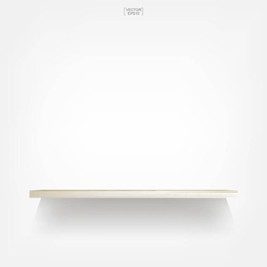 Beyaz arka planda, yumuşak gölgeli boş ahşap bir raf. Vektör illüstrasyonu.